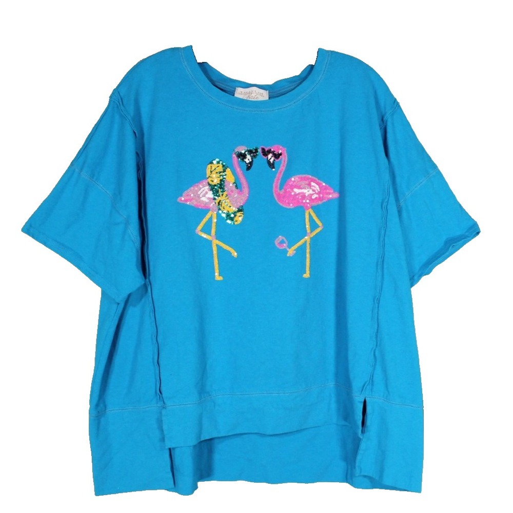 TALLULAH KATE Oversized Tee SEQUIN FLAMINGO BIRDS DRINKING WINE Blouse/Top Sz L